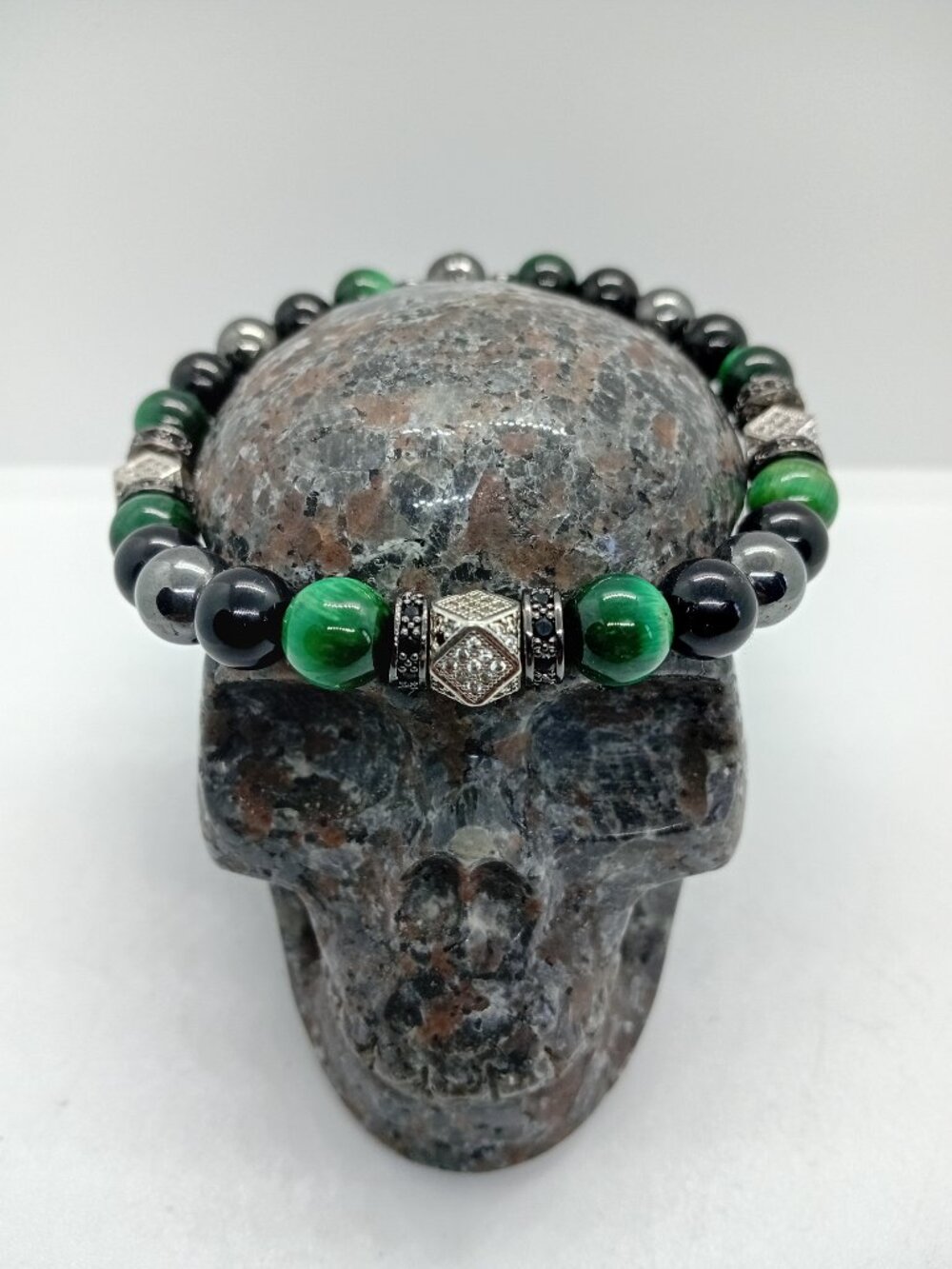 Gemstone Money Magnet Tiger Eye Onyx Hematite Bead Bracelet Zircon Pave Clasp